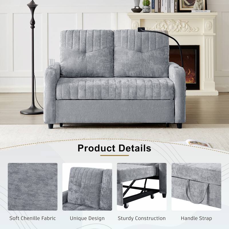 Chenille Loveseat Convertible Pull-out Sleeper Sofa Bed, Tufted Couch w2 Cup Holders Phone Holder & 3 USB Ports, Pockets