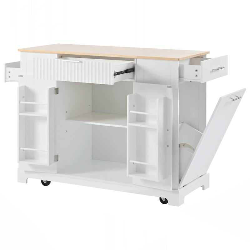Kitchen Island with Trash Can Storage Cabinet, Power Outlet, Internal Storage Rack, Rolling Kitchen Islands on 5 Wheels
