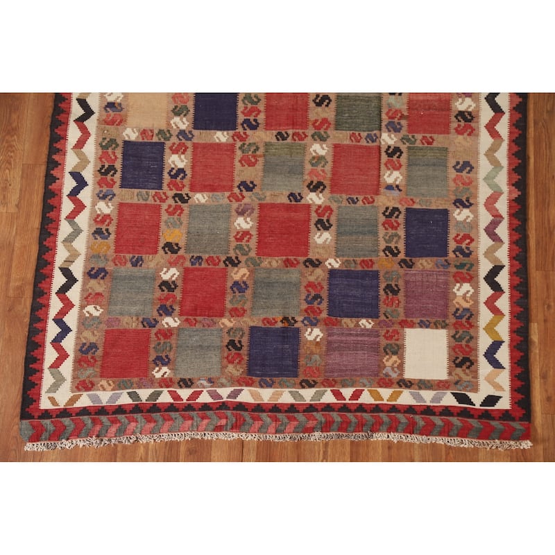 Checkered Kilim Qashqai Persian Vintage Rug Flatweave Wool Carpet - 4'6"x 7'8"