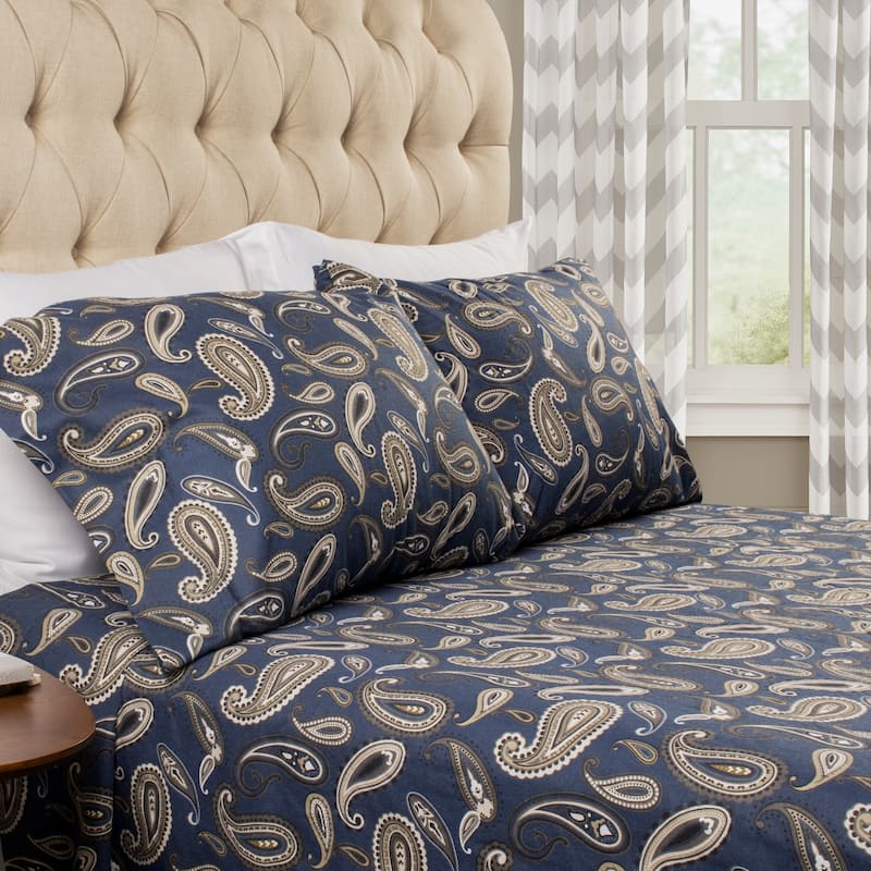 Superior Cotton Flannel Paisley Bed Sheet Set - Navy Blue - California King