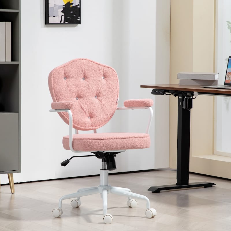 Cute Home Office Chair, Computer Desk Chair with Button Tufted Velvet-Feel Fabric, Swivel Vanity Chair, Cream White