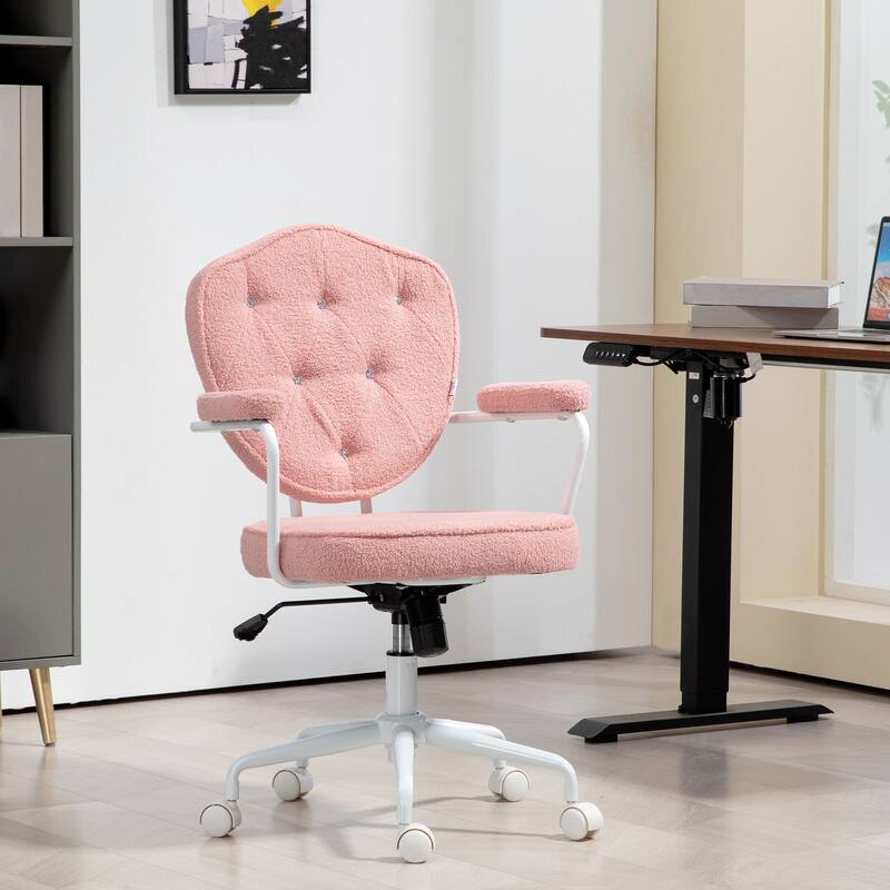 Teddy Bear Fleece Swivel Office Chair with wheels, Button Tufted Home Office Chair, Vanity Chair with Adjustable Height