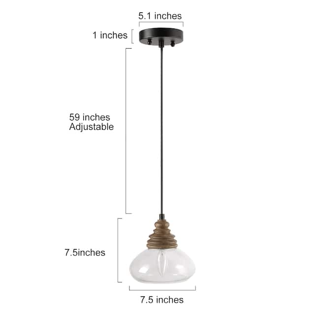 Modern Farmhouse 1-Light Bowl Glass Island Pendant Lights with Wood Accents - 7.5"Dx7.5"H