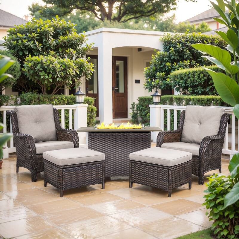 Fire Pit Table with Patio Chairs Ottomans Brown-Beige - Brown - Brown - Beige