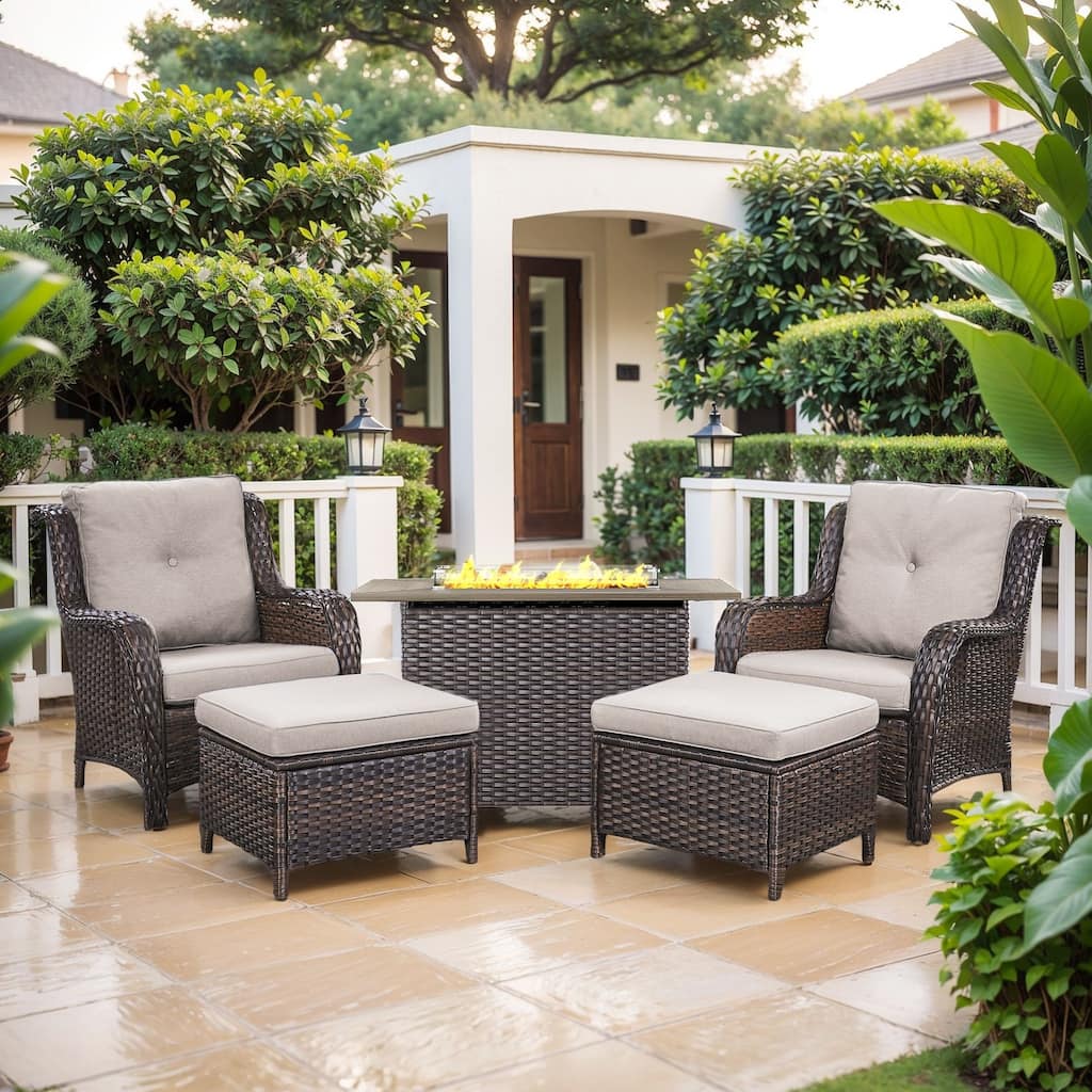 Fire Pit Table with Patio Chairs Ottomans Brown-Beige - Brown