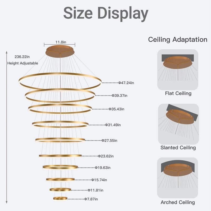 Modern LED Ring Chandelier - Remote Control Dimmable Pendant Lights for High Ceilings, Foyers & Living Rooms