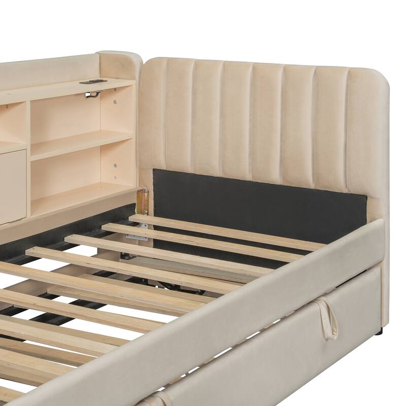 Velvet Upholstered Twin Daybed with Trundle, Storage Shelves & USB Charging (Beige)