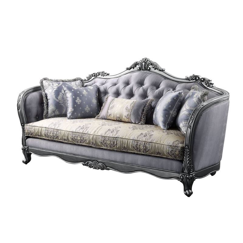 HomeRoots 89" Platinum Imitation Silk Damask Sofa And Toss Pillows - 89