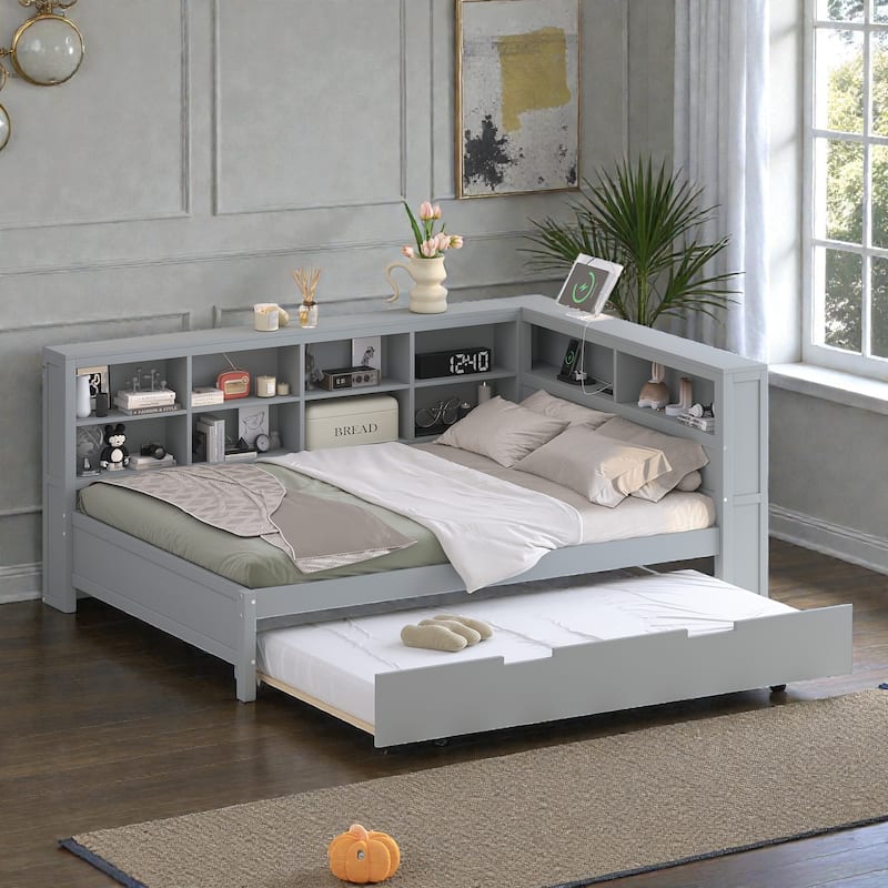 Twin/Full Wooden Daybed with Twin Trundle, Storage Shelf, USB Charging Ports, Slat Support, Space-Saving Design