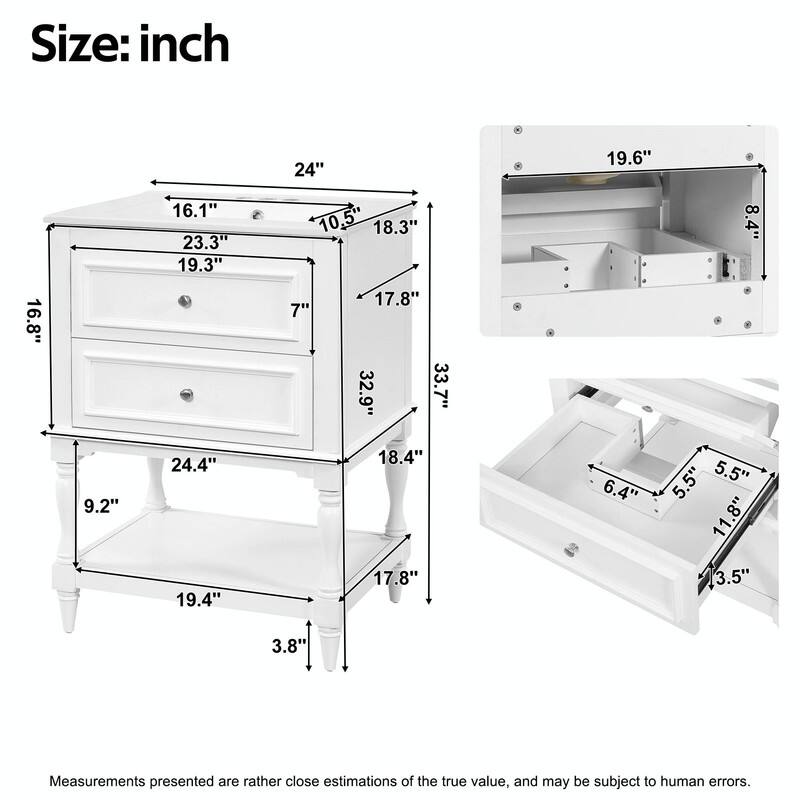 24" Bathroom Vanity with Ceramic Sink, Retro Open-Shelf Cabinet with 2 Drawers