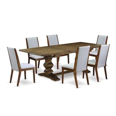 7-Piece Wooden Dining Set - Modern Gray Linen Fabric Chairs & Antique Walnut Table - 92