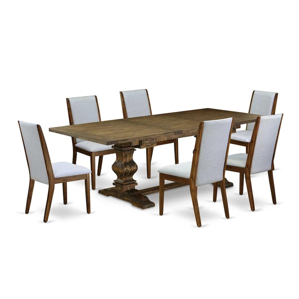 7-Piece Wooden Dining Set - Modern Gray Linen Fabric Chairs & Antique Walnut Table - 92