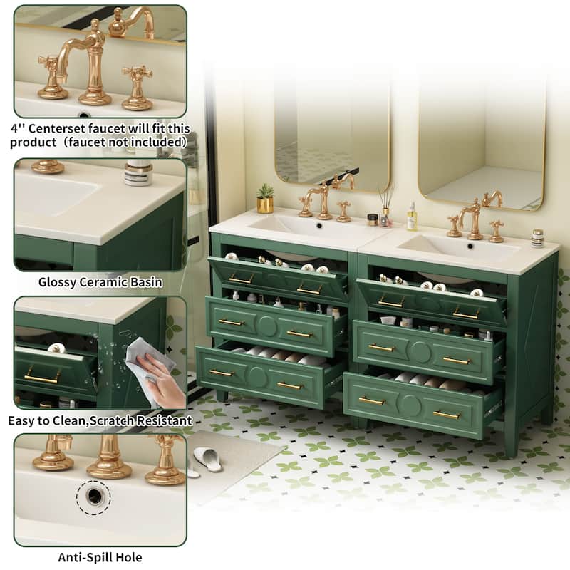 60 Inch Bathroom Vanity with Sink, Solid Wood Cabinet with Ceramic Basin, 3-Drawer Retro Style Storage