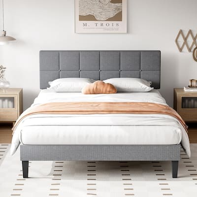 Bed Frame, Modern Platform Bed Frame with Adjustable Headboard, Geometric Upholstered Bed Frame 800LBS Sturdy Solid Wooden Slats
