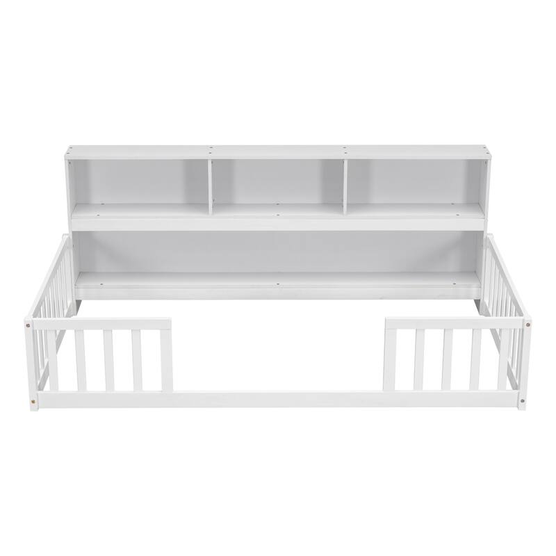 Twin Size Pine Floor Bed with Bookcase & Guardrails