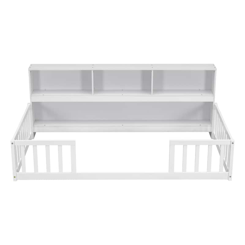 Twin Size Pine Wood Floor Bed with Bookcase and Guardrails