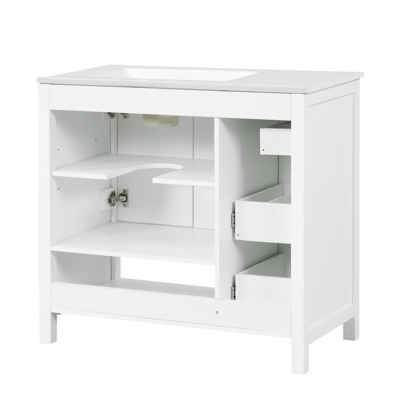 Roomfitters 36" Bathroom Vanity with Sink, Right-Side Basin, Solid Wood Frame, 2 Doors, 2 Drawers & Open Shelf