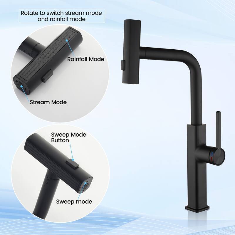 Modern 180 Degree Swivel Single Handle Kitchen Faucet with Pull Down Sprayer 3-Function Mode