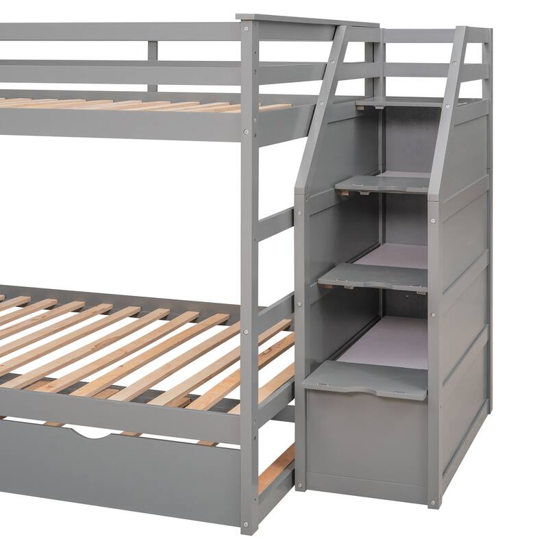 Bunk Bed with Trundle with Safety Guardrail and 3 Storage Stairs, Triple Bunk Multifunctional Space-Saving Solution for Bedroom