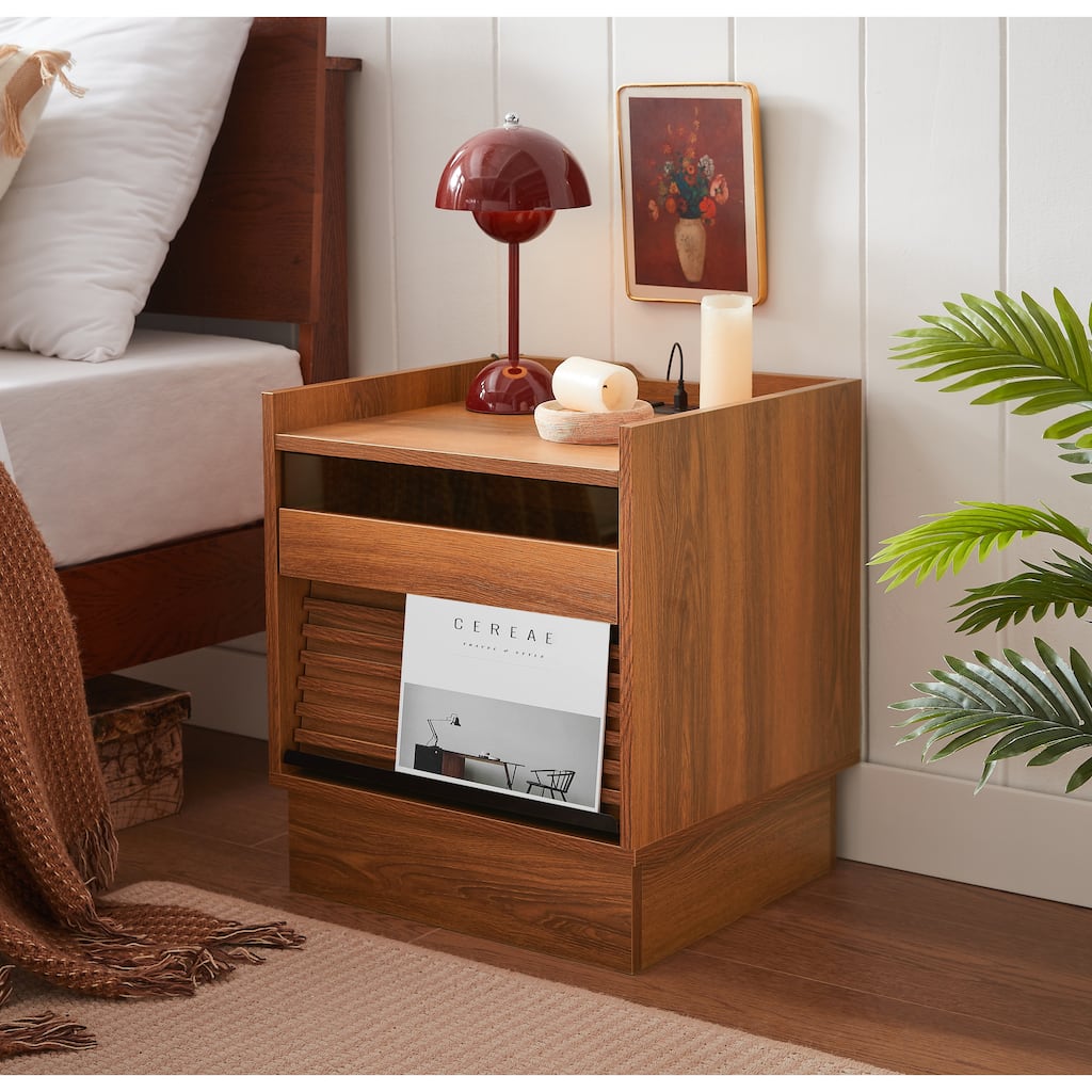 Modern Nightstand with Charging Station, LED Lights, and 2 Drawers for Bedroom or Living Room