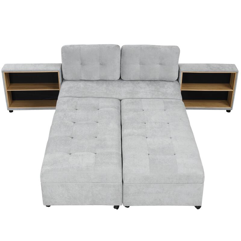 121.2" Chenille Modular Sofa Bed with Two Storage Racks, Free-Combined Design, and Smooth-Rolling Wheels