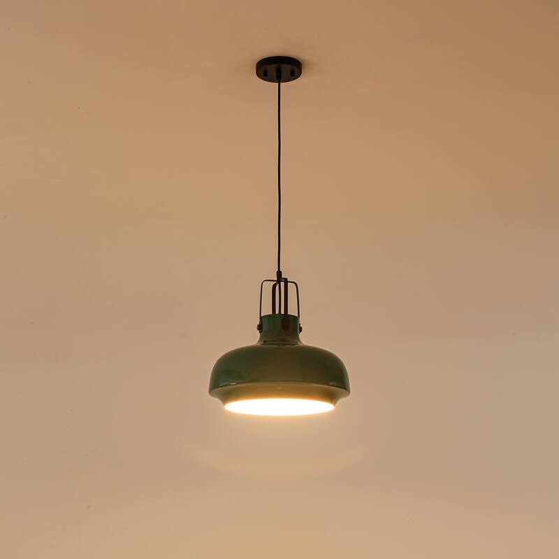 1-Light Farmhouse Industrial Green Dome Adjustable Pendant Hanging Light with Matte Black Hardware for Kitchen Island
