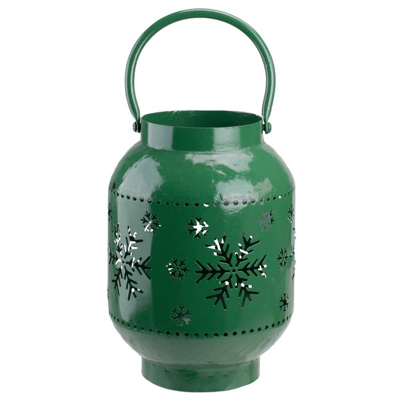 10" Green Snowflake Cutout Christmas Candle Lantern- Metal