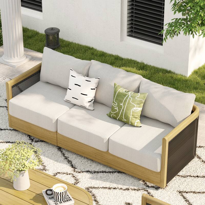 Overture 3-Person Natural Wood Grain Aluminum Hand-Woven Rope 3-seater Patio Sofa Chair with Beige Cushions