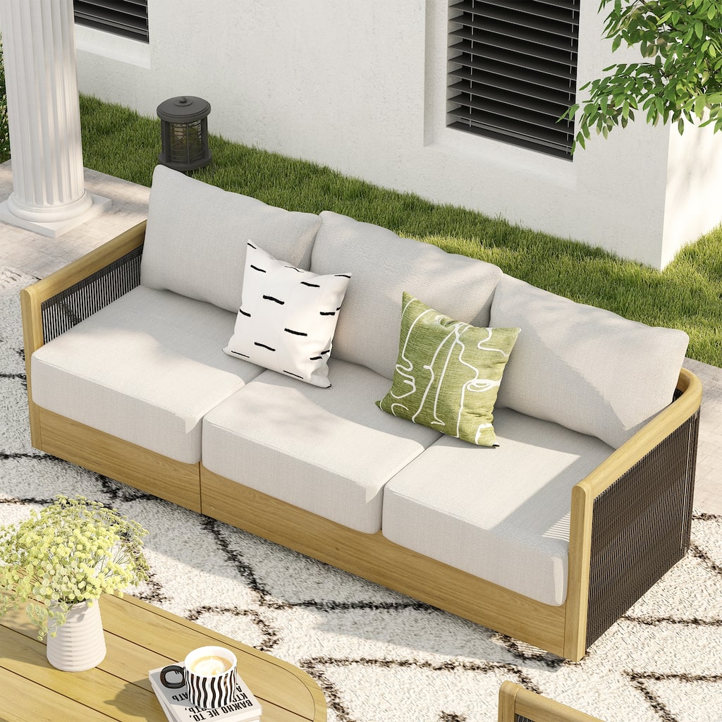 Overture 3-Person Natural Wood Grain Aluminum Hand-Woven Rope 3-seater Patio Sofa Chair with Beige Cushions