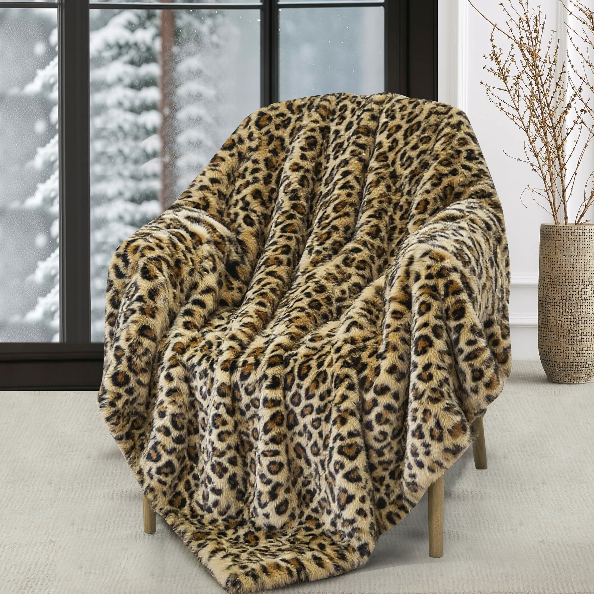 Beige Black Cheetah Animal Print Soft Plush Faux Fur Throw Blanket - 50" x 70"