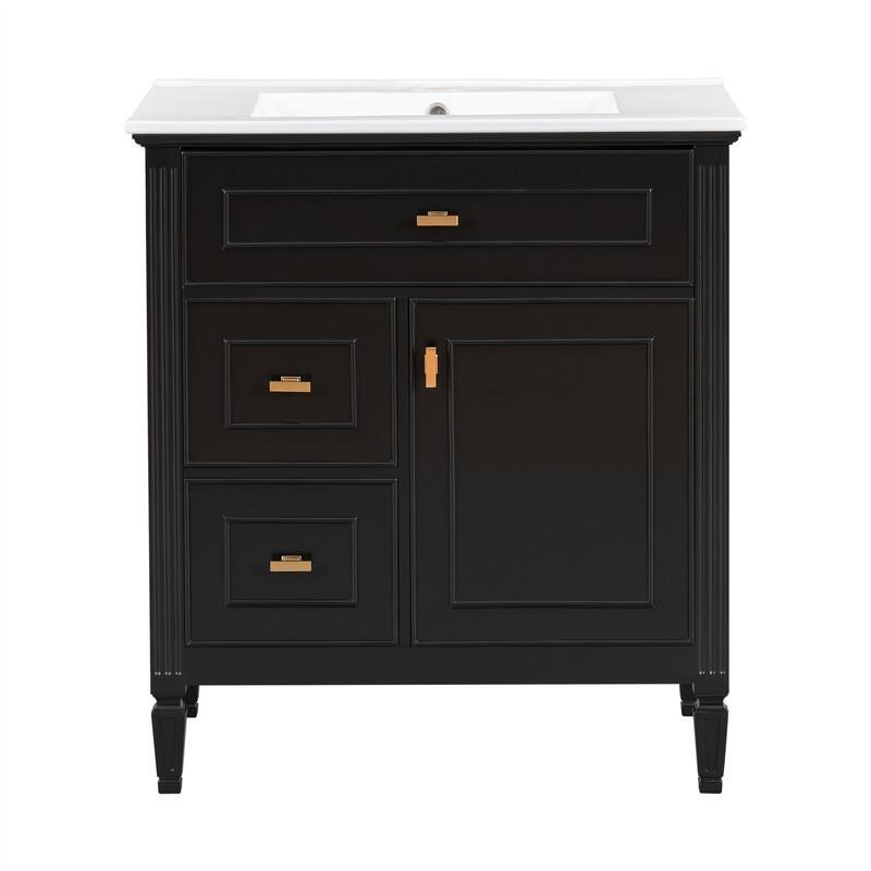 30" Bathroom Vanity with Ceramic Sink Combo, Bathroom Vanity Cabinet with 1 Flip Drawer, 2 Drawers & Adjustable Shelf