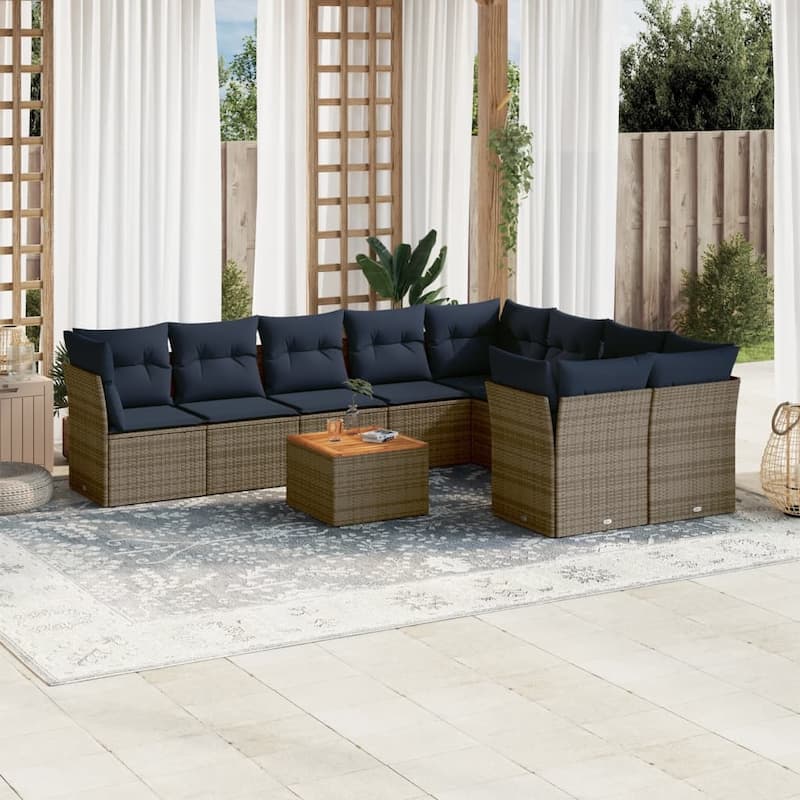 vidaXL Patio Sofa Set with Cushions Outdoor Furniture 10 Piece Poly Rattan - 24.4x 24.4x 27.2 - Grey-form 3