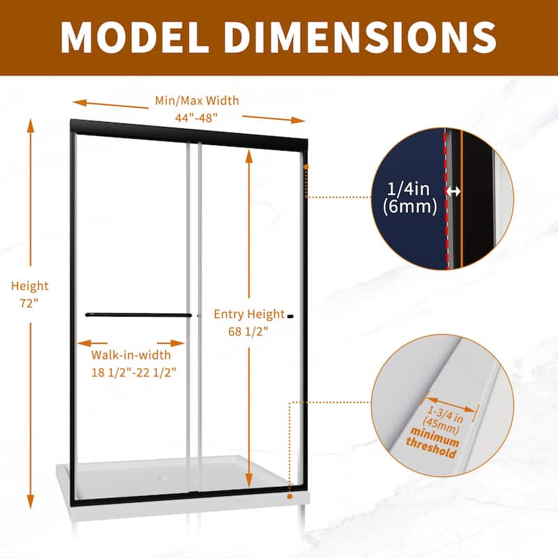 Modland 44''- 48'' W x 72'' H Glass Semi-Frameless Double Sliding Shower Tub Door in Matte Black / Brushed Nickel
