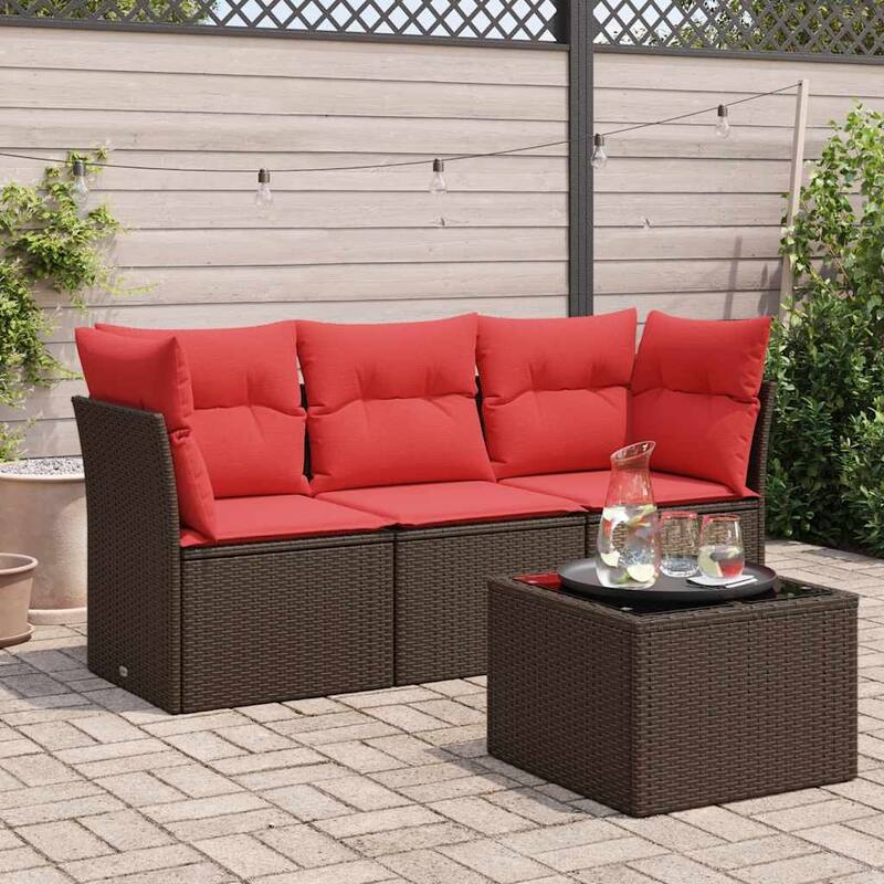 vidaXL 4 Piece Patio Sofa Set with Cushions Brown/Gray Poly Rattan - 24.4 x 24.4 x 27.2 - Brown and red With table