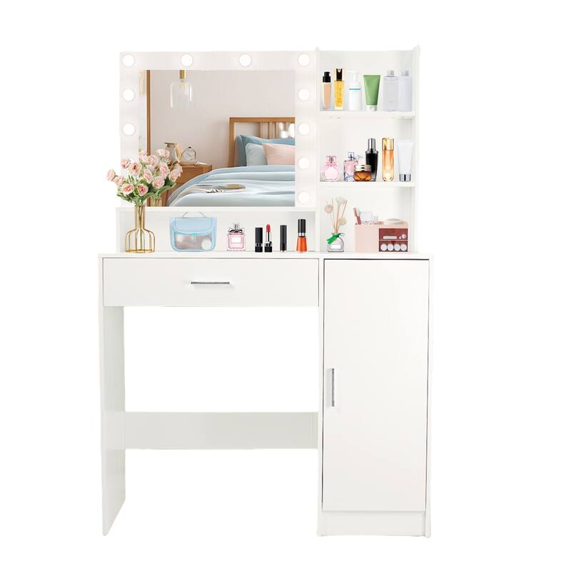 Makeup Vanity w/ Open Shelves, 3 Lighting Modes Adjustable Brightness