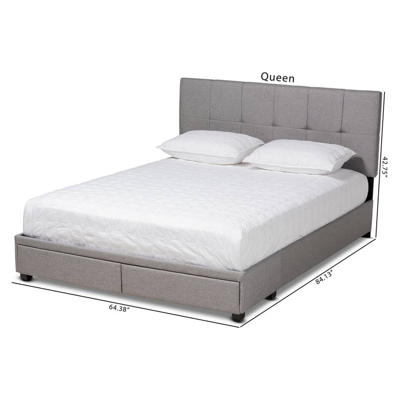 Queen Size Storage Bed with Drawers - Fabric Upholstered Platform Bed Frame - Grey, 2 Drawer