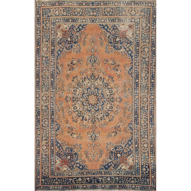 Hand Knotted Oriental 100% Wool Carpet Traditional Medallion Oranges & Rust Mashad Area Rug - 9' 4'' X 6' 4''
