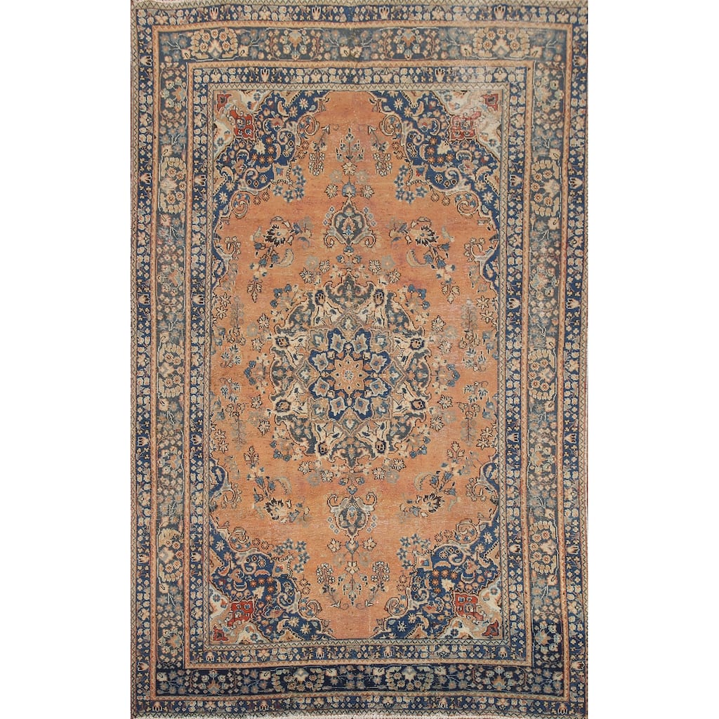 Hand Knotted Oriental 100% Wool Carpet Traditional Medallion Oranges & Rust Mashad Area Rug - 9' 4'' X 6' 4''