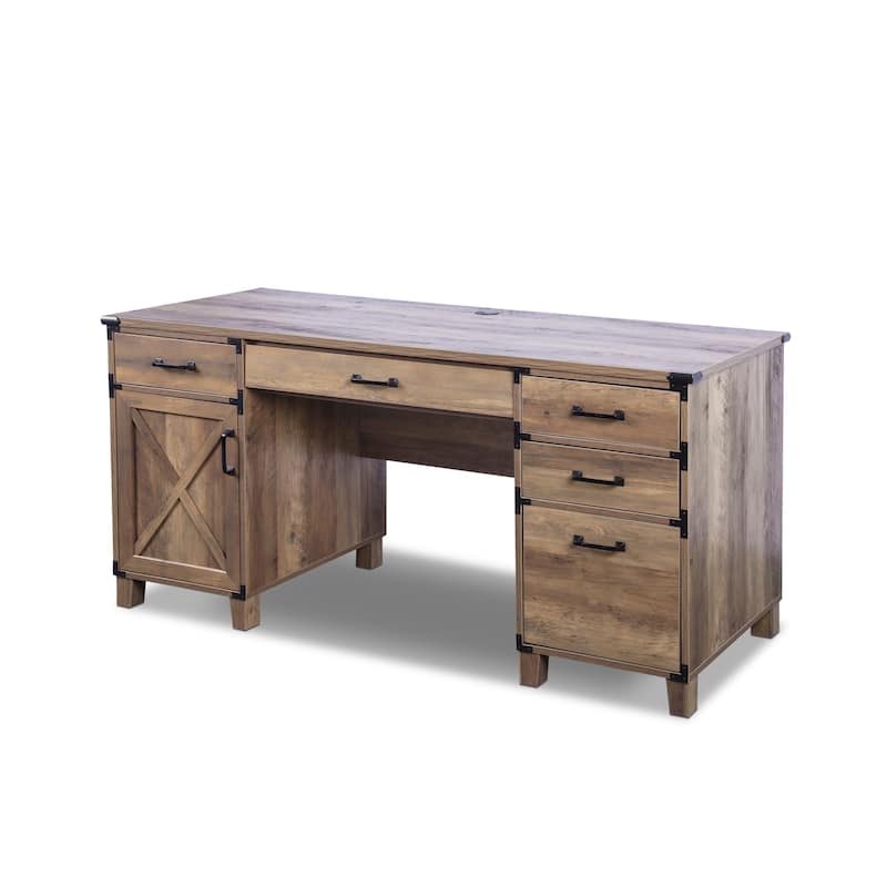 Oxford 59" Rustic Oak Wooden Farmhouse Executive Desk