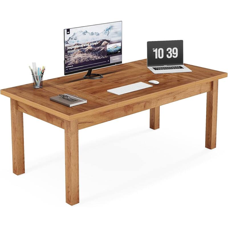 70 Inch Large Computer Desk, Office Desk with Solid Wood Leg, Executive Desk with Thickened Frame and Board