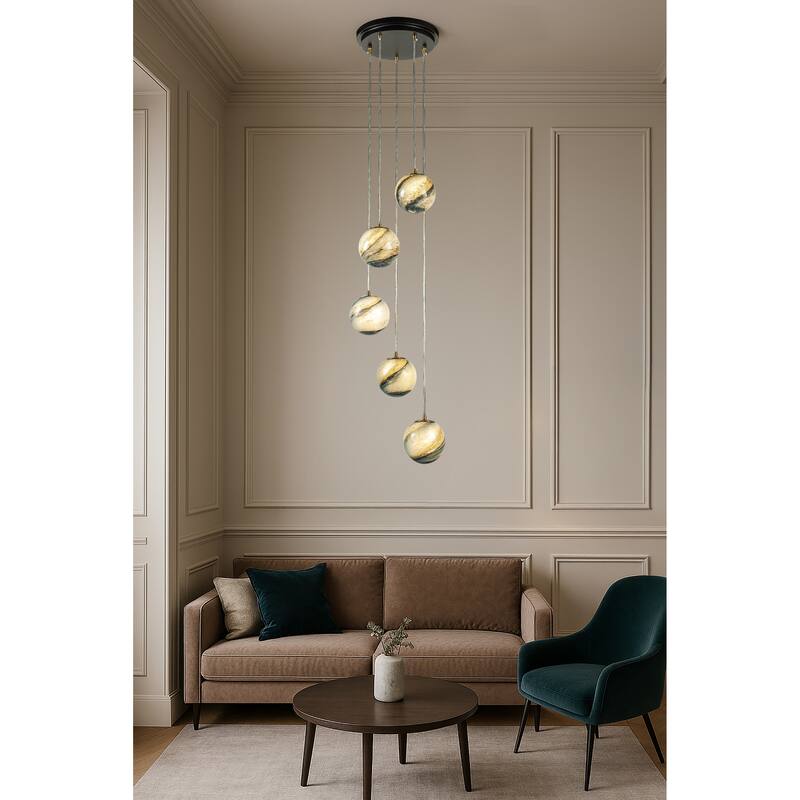 12'' 5-Light Modern Glazed Glass Globe Staircase Chandelier Coastal Handcrafted Glass Pendant In Matte Black - W12''