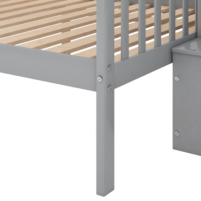 Twin Over Full Wood Bunk Bed with Storage Staircase, Convertible to Two Beds
