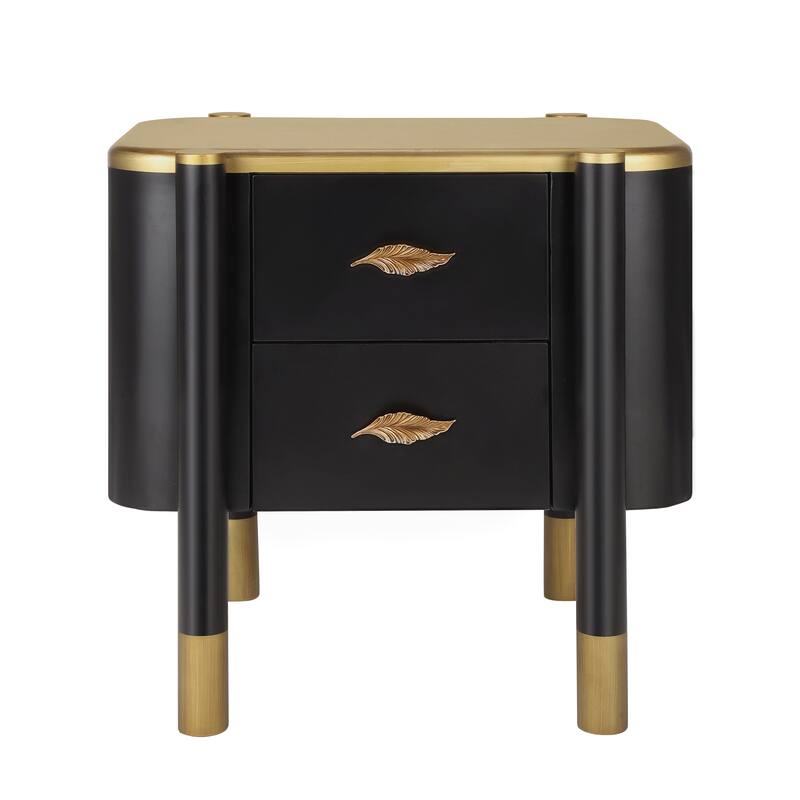 Contemporary 2-Drawer Nightstand - Curved Profile + Metal Feather Handles, Exposed Legs, Easy Assembly (Black)