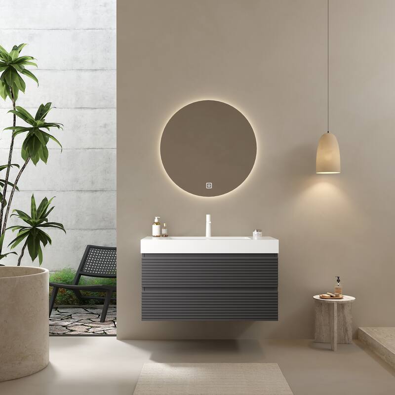 GDFStudio - Veno 30" Floating Bathroom Vanity with Striped 2 Drawer & White Integrated Rectangular Basin, WITHOUT Faucet - Grey - 36"