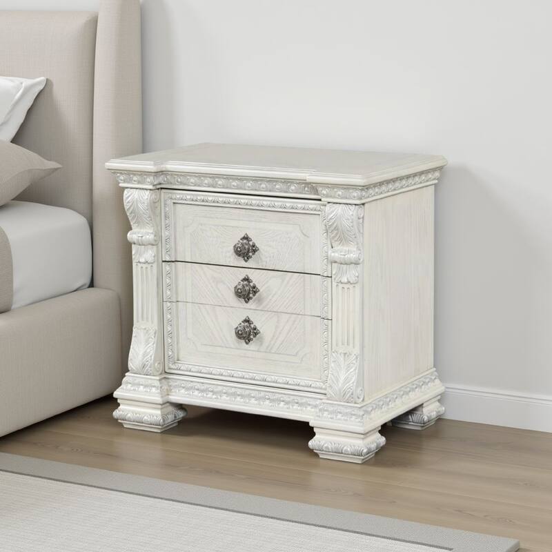 Naddy Nightstand, 2 Drawers, USB, Wire Brushed White Wood, 30 Inch