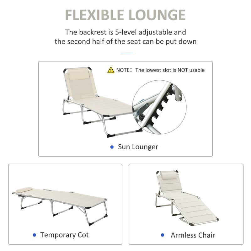 Foldable Outdoor Lounge Chair with 5-Position Recline, Cushioned Seat and Headrest for Beach Patio or Poolside
