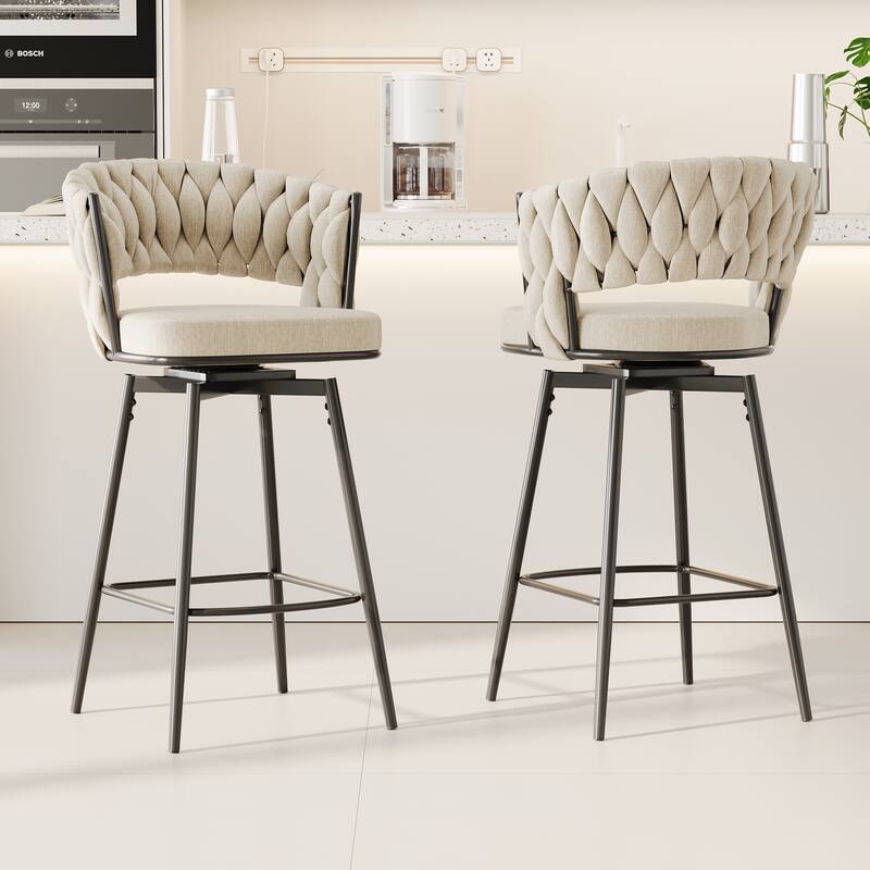 360° Swivel Bar Chairs Set of 2, with Upholstered Woven Backrest, Pub Chairs wMetal Leg Footrest Bar Chairs Bar Seating - White