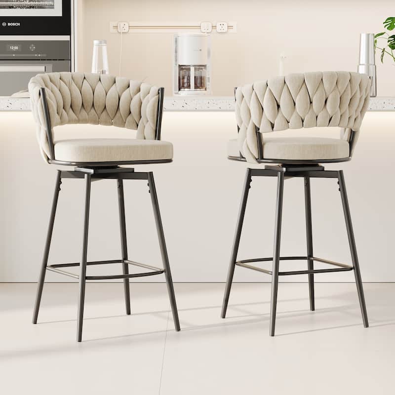 Modern Luxury 360°Swivel Bar Chairs Set of 2, with Cushioned Seat Backrest and Metal Legs - Black+White