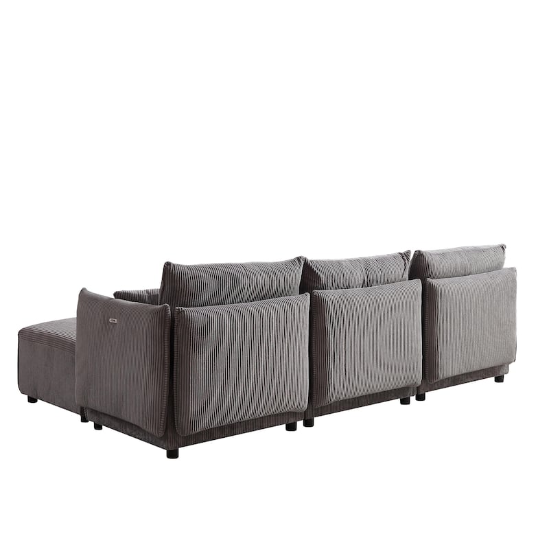 Grey 106'' Modular Corduroy 3 Seater Sectional Sofa with 2 Cushions, USB & C Charging Ports, Convertible Combo Couch