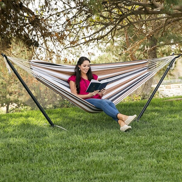 Portable Cotton Hammock in Desert Strip with Metal Stand 115 x 48 x 30 Inches White Blue